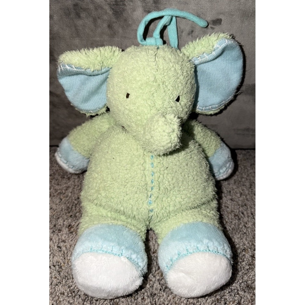Carters Green Elephant baby musical plush crib toy blue ears brown‎ bow Twinkle